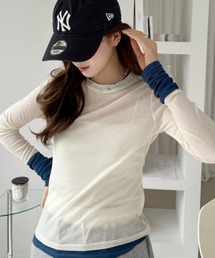 配色 レイヤード風 スリム Tシャツ