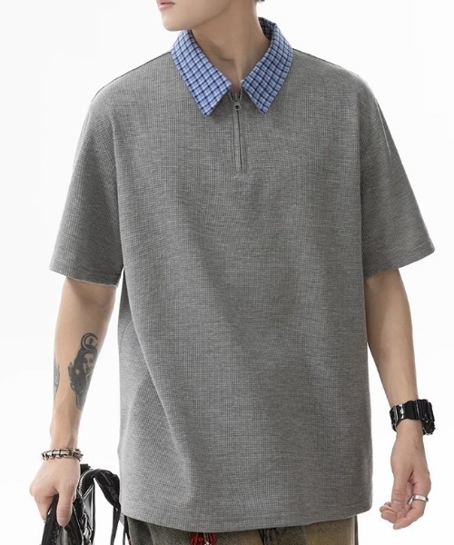 link lot(リンクロット)の「襟チェックハーフジップワッフルポロシャツ(ポロシャツ・メンズ・グレー/ベージュ・M/L)」の1枚目の写真