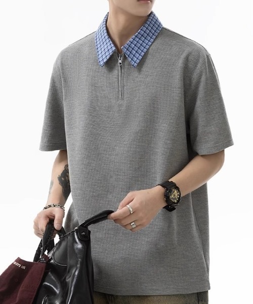 link lot(リンクロット)の「襟チェックハーフジップワッフルポロシャツ(ポロシャツ・メンズ・グレー/ベージュ・M/L)」の5枚目の写真