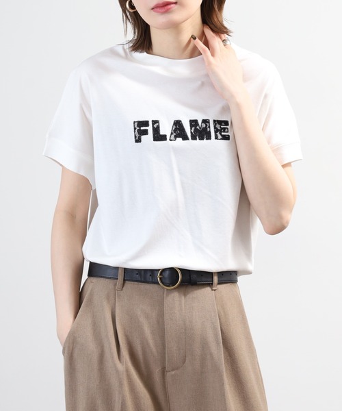 EGLANTINE(エグランティーヌ)の「EGLANTINE レースロゴ刺繍半袖Tシャツ 日本製 ローズペトール(Tシャツ/カットソー・レディース・ブルー/レモンイエロー/オフホワイト/チャコールグレー・38)」の2枚目の写真