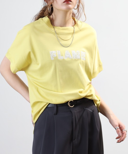 EGLANTINE(エグランティーヌ)の「EGLANTINE レースロゴ刺繍半袖Tシャツ 日本製 ローズペトール(Tシャツ/カットソー・レディース・ブルー/レモンイエロー/オフホワイト/チャコールグレー・38)」の4枚目の写真