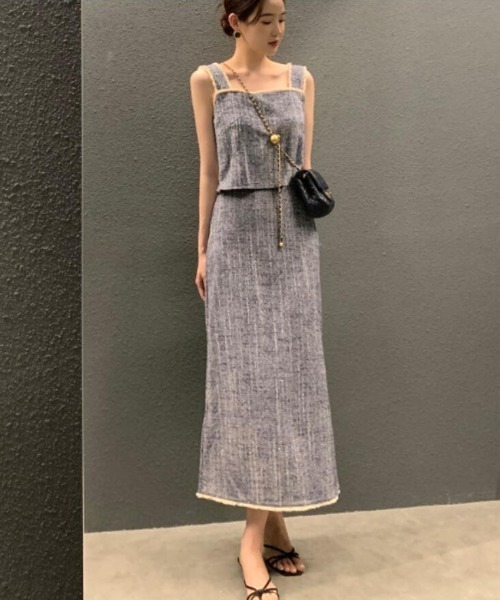 semplice（センプリチェ）の「スクエアネック フリンジ マキシスカート セットアップ（セットアップ・レディース・ネイビー/ベージュ・F）」の16枚目の写真