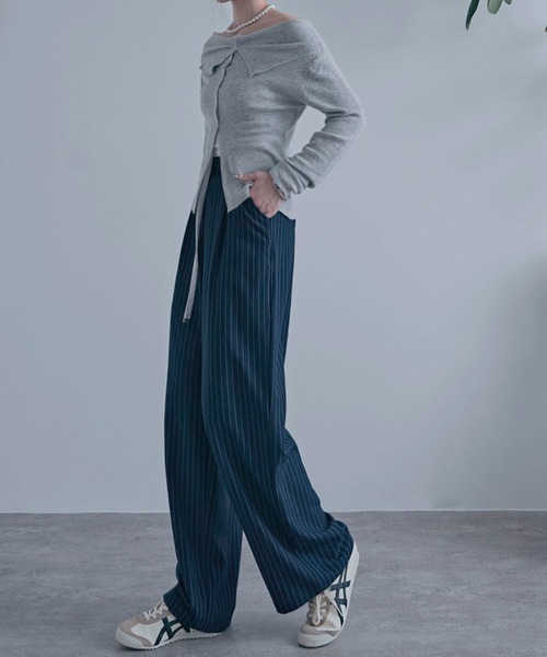 NYLAUS（ナイラス）の「【SG】レイヤード風ダブルウエストパンツ ストライプパンツ（その他パンツ・レディース・ネイビー/グレー/アイボリー・M）」の4枚目の写真