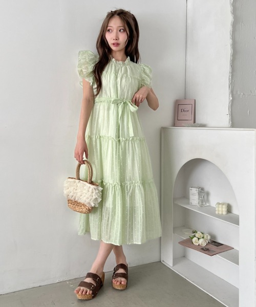 Loueme(ルエム)の「ドットティアードリボンロングワンピース(ワンピース・レディース・ホワイト/ライトグリーン/ピンク/ライトブルー・FREE)」の6枚目の写真
