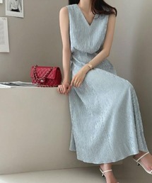 Vネック ストライプ柄 ノースリーブ ワンピース