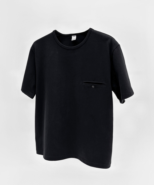 S-XXL] スリムクロップボタンハーフTシャツ (ブラック)（Tシャツ
