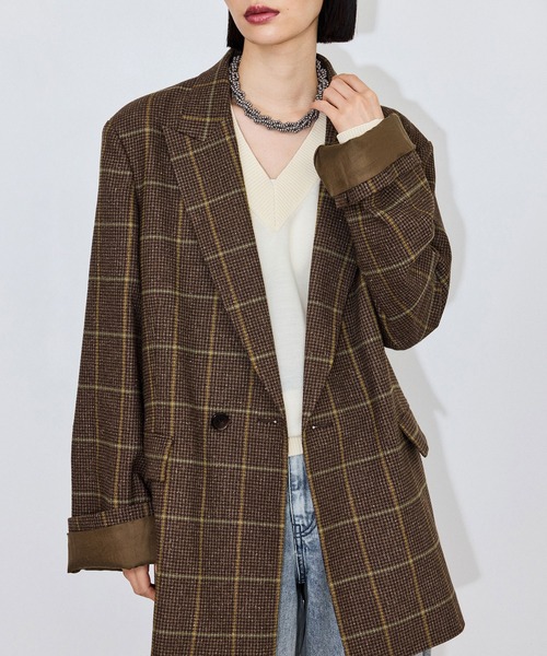 ADAM ET ROPE'（アダムエロペ）の「ダブルブレストチェックジャケット（テーラードジャケット・レディース・ブラウン/ブラック系その他・38/36）」の3枚目の写真