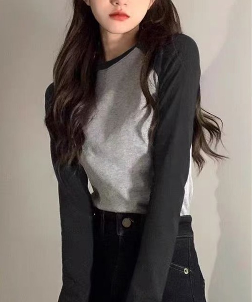 CHUN CHUN NOTES(チュンチュンノーツ)の「シンプル配色ラウンドネックフィット長袖シャツ(Tシャツ/カットソー・レディース・グレー/ホワイト・M)」の2枚目の写真
