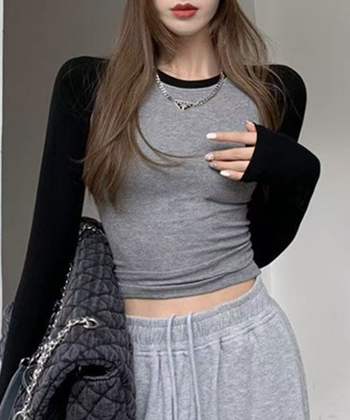 CHUN CHUN NOTES(チュンチュンノーツ)の「シンプル配色ラウンドネックフィット長袖シャツ(Tシャツ/カットソー・レディース・グレー/ホワイト・M)」の11枚目の写真
