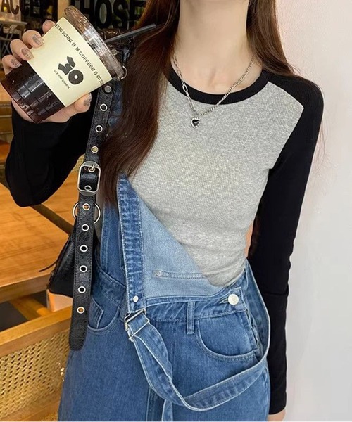 CHUN CHUN NOTES(チュンチュンノーツ)の「シンプル配色ラウンドネックフィット長袖シャツ(Tシャツ/カットソー・レディース・グレー/ホワイト・M)」の14枚目の写真