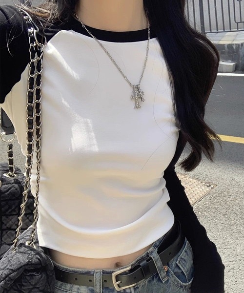 CHUN CHUN NOTES(チュンチュンノーツ)の「シンプル配色ラウンドネックフィット長袖シャツ(Tシャツ/カットソー・レディース・グレー/ホワイト・M)」の20枚目の写真