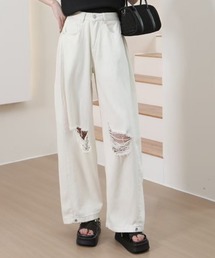 【秋冬新作】3色展開ダメージ加工ワイドデニムパンツ