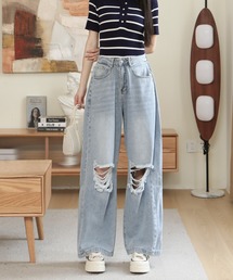 【秋冬新作】3色展開ダメージ加工ワイドデニムパンツ
