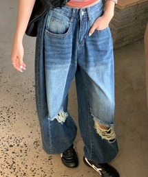 【秋冬新作】3色展開ダメージ加工ワイドデニムパンツ