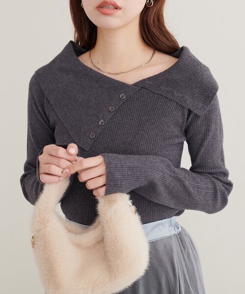 natural couture（ナチュラルクチュール）の「アシメカラーオフショルニット（ニット/セーター・レディース・ネイビー/ボルドー/チャコールグレー/ブルー/グレイッシュベージュ/アイボリー・FREE）」の2枚目の写真