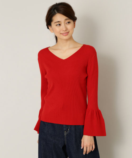 NATURAL BEAUTY BASIC（ナチュラルビューティーベーシック）の「フレアスリーブリブニット（ニット/セーター・レディース・ブラック/ホワイト系その他/レッド・MEDIUM）」の3枚目の写真