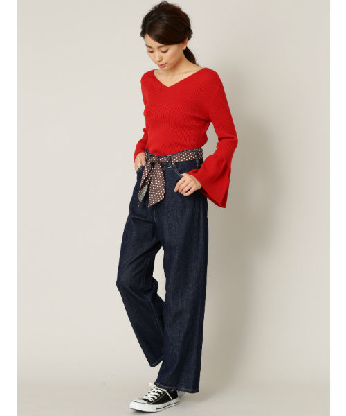 NATURAL BEAUTY BASIC（ナチュラルビューティーベーシック）の「フレアスリーブリブニット（ニット/セーター・レディース・ブラック/ホワイト系その他/レッド・MEDIUM）」の6枚目の写真