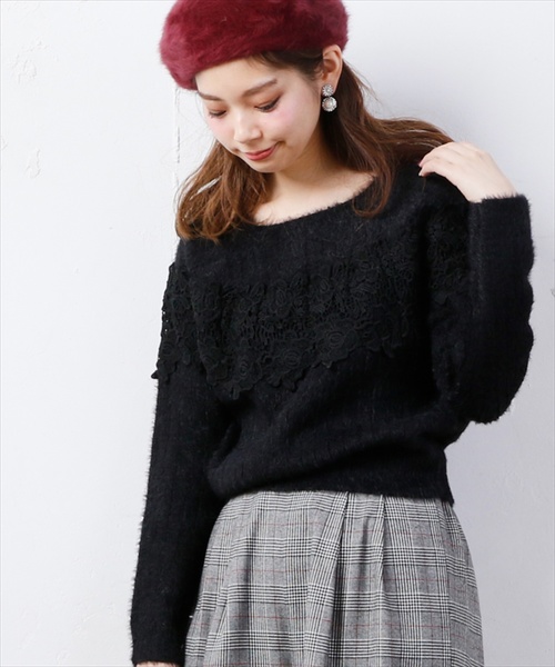 natural couture（ナチュラルクチュール）の「レースフェザーリブニット（ニット/セーター・レディース・オフホワイト/ブラック/グレー/パープル系その他・FREE）」の3枚目の写真