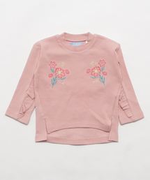 プレミアムリブ 花刺繍フリルまあるいヘムラインカットソー