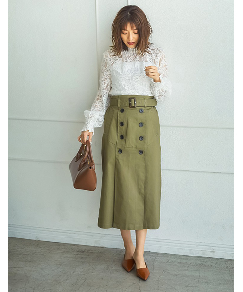 Re:EDIT（リエディ）の「綿ツイルフロントタックセミタイトスカート（スカート・レディース・ベージュ/ネイビー/ライトベージュ/カーキ・MEDIUM）」の4枚目の写真