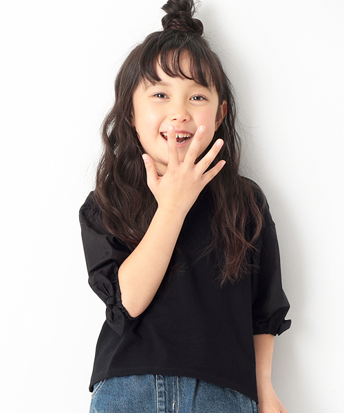 devirock（デビロック）の「袖口リボン7分袖Tシャツ（Tシャツ/カットソー・キッズ・ブラック/オフホワイト/イエロー/カーキ/レッド系その他・110cm/100cm/120cm/130cm/140cm/150cm/160cm）」の3枚目の写真