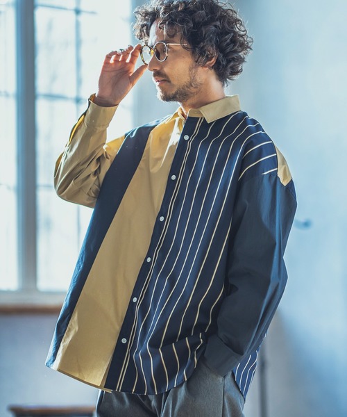 ANGENEHM(アンゲネーム)の「ms4193-Stripe Combination Crazy Over Size Long Sleeve Shirts シャツ(MADE IN JAPAN)(シャツ/ブラウス・メンズ・ベージュ/ネイビー・S/M/L)」の1枚目の写真
