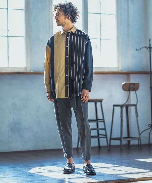 ANGENEHM(アンゲネーム)の「ms4193-Stripe Combination Crazy Over Size Long Sleeve Shirts シャツ(MADE IN JAPAN)(シャツ/ブラウス・メンズ・ベージュ/ネイビー・S/M/L)」の13枚目の写真