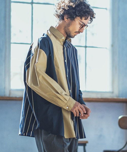 ANGENEHM(アンゲネーム)の「ms4193-Stripe Combination Crazy Over Size Long Sleeve Shirts シャツ(MADE IN JAPAN)(シャツ/ブラウス・メンズ・ベージュ/ネイビー・S/M/L)」の3枚目の写真