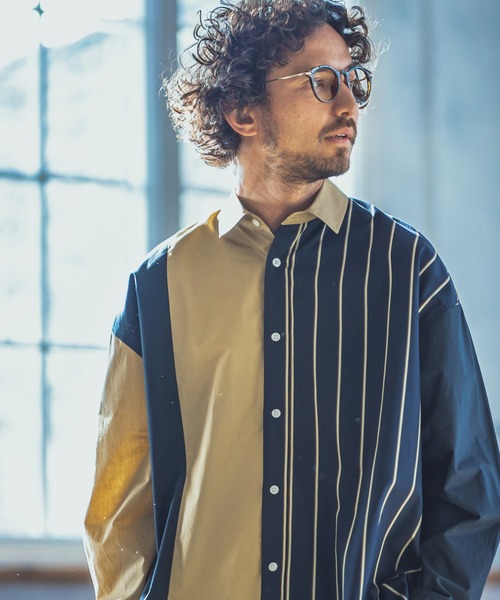 ANGENEHM(アンゲネーム)の「ms4193-Stripe Combination Crazy Over Size Long Sleeve Shirts シャツ(MADE IN JAPAN)(シャツ/ブラウス・メンズ・ベージュ/ネイビー・S/M/L)」の16枚目の写真