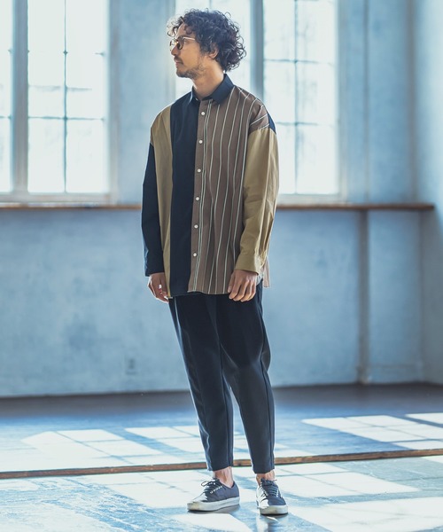 ANGENEHM(アンゲネーム)の「ms4193-Stripe Combination Crazy Over Size Long Sleeve Shirts シャツ(MADE IN JAPAN)(シャツ/ブラウス・メンズ・ベージュ/ネイビー・S/M/L)」の6枚目の写真