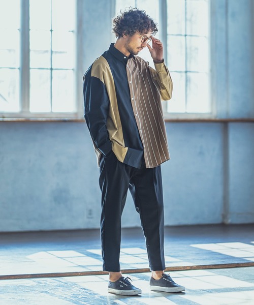 ANGENEHM(アンゲネーム)の「ms4193-Stripe Combination Crazy Over Size Long Sleeve Shirts シャツ(MADE IN JAPAN)(シャツ/ブラウス・メンズ・ベージュ/ネイビー・S/M/L)」の21枚目の写真