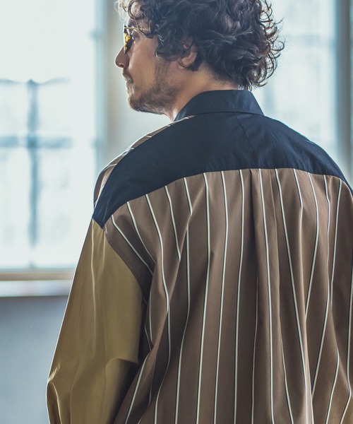 ANGENEHM(アンゲネーム)の「ms4193-Stripe Combination Crazy Over Size Long Sleeve Shirts シャツ(MADE IN JAPAN)(シャツ/ブラウス・メンズ・ベージュ/ネイビー・S/M/L)」の14枚目の写真