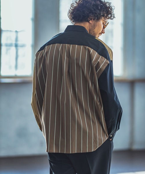 ANGENEHM(アンゲネーム)の「ms4193-Stripe Combination Crazy Over Size Long Sleeve Shirts シャツ(MADE IN JAPAN)(シャツ/ブラウス・メンズ・ベージュ/ネイビー・S/M/L)」の4枚目の写真