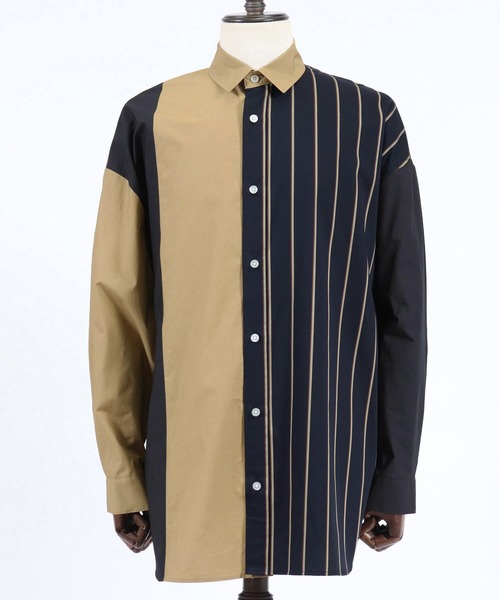 ANGENEHM(アンゲネーム)の「ms4193-Stripe Combination Crazy Over Size Long Sleeve Shirts シャツ(MADE IN JAPAN)(シャツ/ブラウス・メンズ・ベージュ/ネイビー・S/M/L)」の7枚目の写真