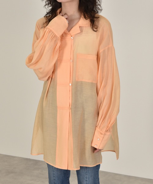 w closet（ダブルクローゼット）の「ボリューム袖シアーチャイナシャツ（シャツ/ブラウス・レディース・オレンジ/アイボリー/ライム・FREE）」の6枚目の写真