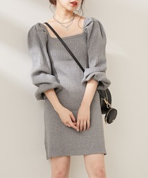 ボリューム袖リブスクエアミニワンピース