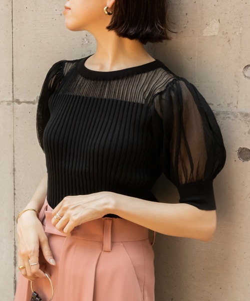 RANDA（ランダ）の「シアーボリュームスリーブニット（シャツ/ブラウス・レディース・ブラック/ベージュ/グレー・FREE）」の2枚目の写真