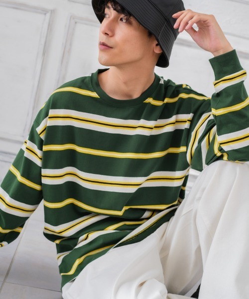 improves（インプローブス）の「天竺コットン 転換ボーダー ビッグシルエット ロンT（Tシャツ/カットソー・メンズ・チャコール/グリーン/オレンジ・LARGE/MEDIUM）」の3枚目の写真