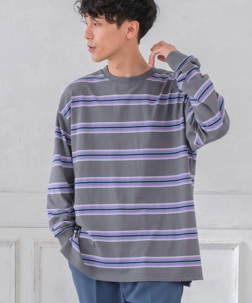 improves（インプローブス）の「天竺コットン 転換ボーダー ビッグシルエット ロンT（Tシャツ/カットソー・メンズ・チャコール/グリーン/オレンジ・LARGE/MEDIUM）」の2枚目の写真