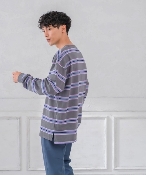 improves（インプローブス）の「天竺コットン 転換ボーダー ビッグシルエット ロンT（Tシャツ/カットソー・メンズ・チャコール/グリーン/オレンジ・LARGE/MEDIUM）」の14枚目の写真