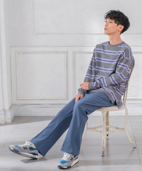 improves（インプローブス）の「天竺コットン 転換ボーダー ビッグシルエット ロンT（Tシャツ/カットソー・メンズ・チャコール/グリーン/オレンジ・LARGE/MEDIUM）」の4枚目の写真