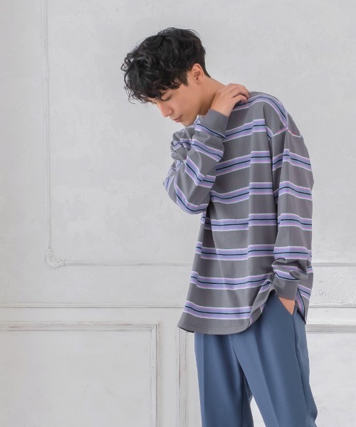 improves（インプローブス）の「天竺コットン 転換ボーダー ビッグシルエット ロンT（Tシャツ/カットソー・メンズ・チャコール/グリーン/オレンジ・LARGE/MEDIUM）」の6枚目の写真