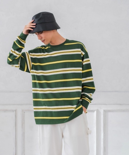 improves（インプローブス）の「天竺コットン 転換ボーダー ビッグシルエット ロンT（Tシャツ/カットソー・メンズ・チャコール/グリーン/オレンジ・LARGE/MEDIUM）」の10枚目の写真