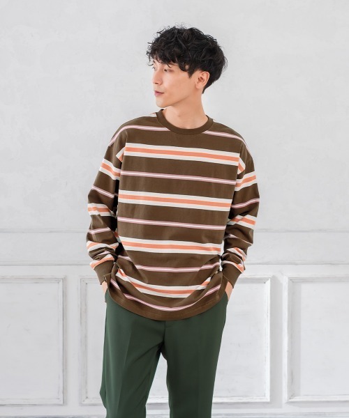 improves（インプローブス）の「天竺コットン 転換ボーダー ビッグシルエット ロンT（Tシャツ/カットソー・メンズ・チャコール/グリーン/オレンジ・LARGE/MEDIUM）」の18枚目の写真