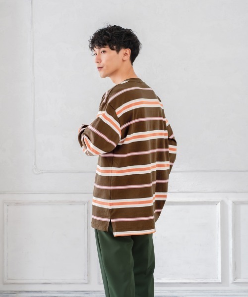 improves（インプローブス）の「天竺コットン 転換ボーダー ビッグシルエット ロンT（Tシャツ/カットソー・メンズ・チャコール/グリーン/オレンジ・LARGE/MEDIUM）」の7枚目の写真
