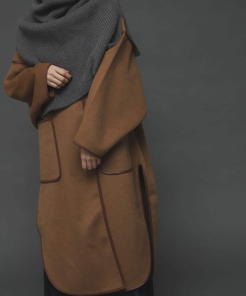 値下げ⭐︎cen. パイピングコート キャメル PLAIN PEOPLE(プレインピープル)｜ノーカラーパイピングロングコート