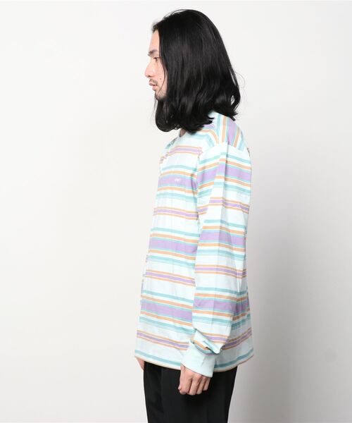 OBEY(オベイ)の「OBEY/オベイ 先染めボーダー ロゴ入り ロンT(Tシャツ/カットソー・メンズ・サックスブルー/ピンク・MEDIUM/LARGE)」の3枚目の写真