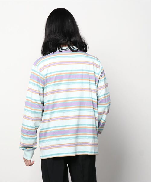 OBEY(オベイ)の「OBEY/オベイ 先染めボーダー ロゴ入り ロンT(Tシャツ/カットソー・メンズ・サックスブルー/ピンク・MEDIUM/LARGE)」の4枚目の写真