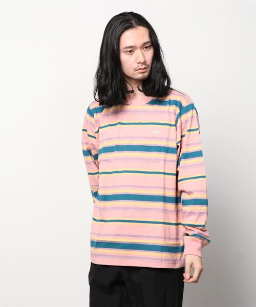 OBEY(オベイ)の「OBEY/オベイ 先染めボーダー ロゴ入り ロンT(Tシャツ/カットソー・メンズ・サックスブルー/ピンク・MEDIUM/LARGE)」の9枚目の写真