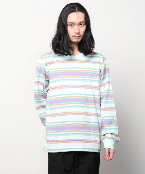 OBEY(オベイ)の「OBEY/オベイ 先染めボーダー ロゴ入り ロンT(Tシャツ/カットソー・メンズ・サックスブルー/ピンク・MEDIUM/LARGE)」の10枚目の写真